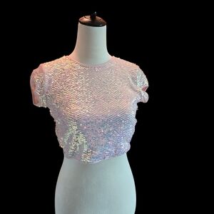Forever 21 Iridescent Pink Sequin Crop Top  Cap Sleeves Tie Back Peekaboo Back